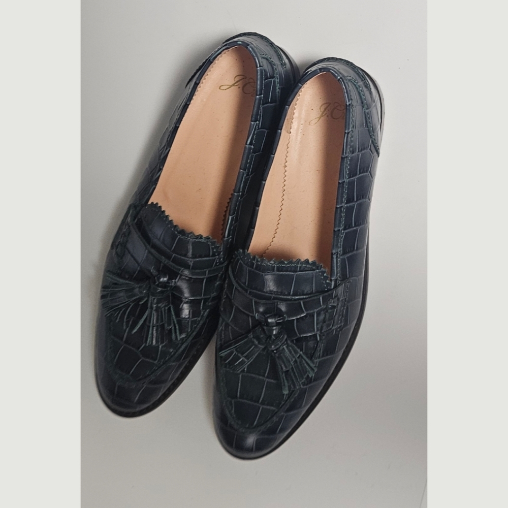 J Crew Academy Tassel Leather Loafers embossed, Green, 5.5 ✔️ - Picture 1 of 8